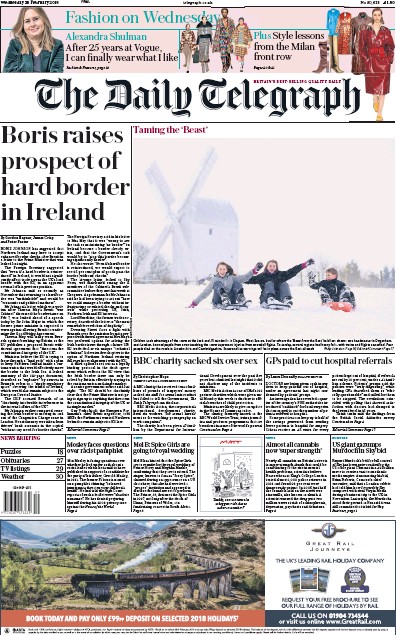 The Daily Telegraph Newspaper Front Page (UK) for 1 March 2018