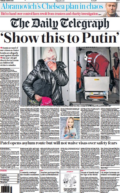 The Daily Telegraph Newspaper Front Page (UK) for 1 March 2022