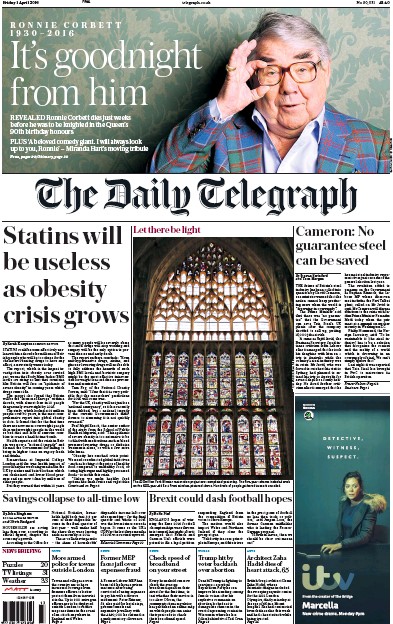 The Daily Telegraph Newspaper Front Page (UK) for 1 April 2016