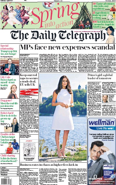 The Daily Telegraph Newspaper Front Page (UK) for 1 April 2017