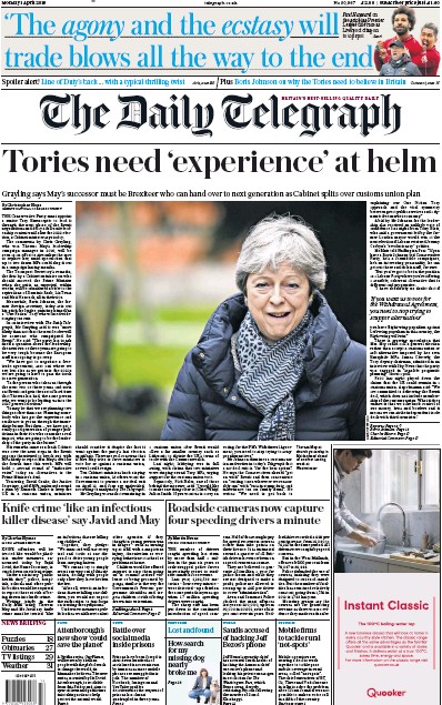 The Daily Telegraph Newspaper Front Page (UK) for 1 April 2019