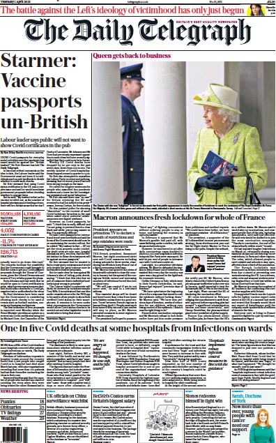 The Daily Telegraph Newspaper Front Page (UK) for 1 April 2021