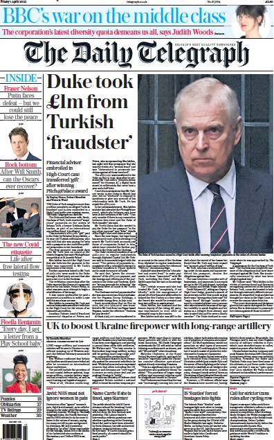 The Daily Telegraph Newspaper Front Page (UK) for 1 April 2022