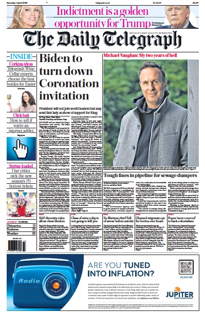 The Daily Telegraph Newspaper Front Page (UK) for 1 April 2023