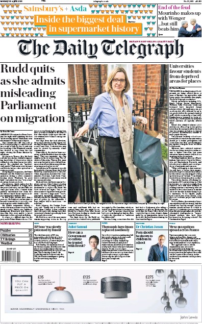 The Daily Telegraph Newspaper Front Page (UK) for 1 May 2018