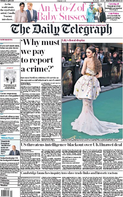 The Daily Telegraph Newspaper Front Page (UK) for 1 May 2019