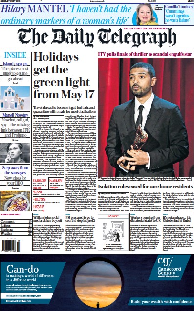 The Daily Telegraph Newspaper Front Page (UK) for 1 May 2021