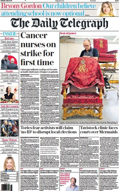 The Daily Telegraph Newspaper Front Page (UK) for 1 May 2023