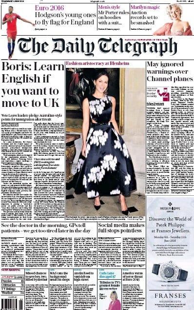 The Daily Telegraph Newspaper Front Page (UK) for 1 June 2016