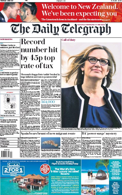 The Daily Telegraph Newspaper Front Page (UK) for 1 June 2017