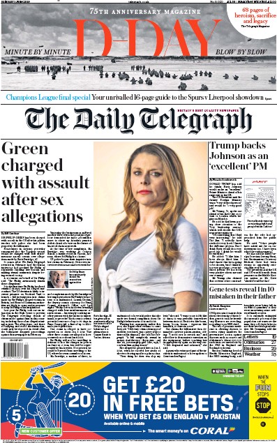 The Daily Telegraph Newspaper Front Page (UK) for 1 June 2019