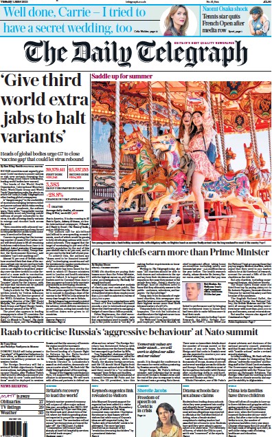 The Daily Telegraph Newspaper Front Page (UK) for 1 June 2021