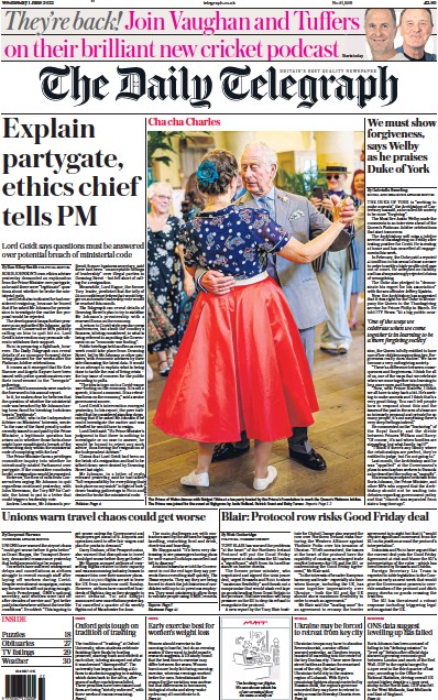 The Daily Telegraph Newspaper Front Page (UK) for 1 June 2022