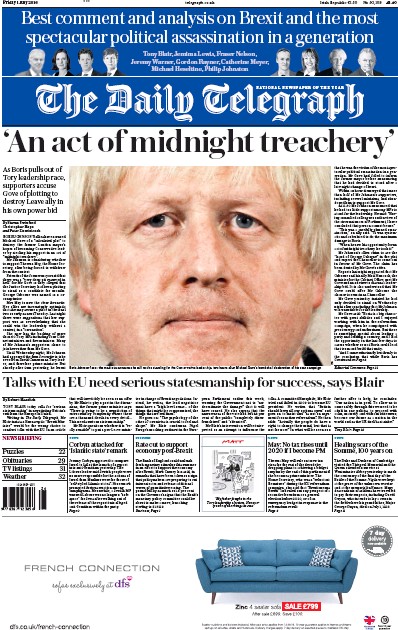 The Daily Telegraph Newspaper Front Page (UK) for 1 July 2016
