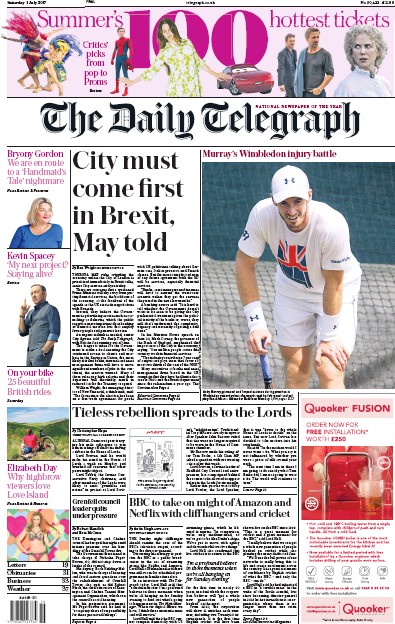 The Daily Telegraph Newspaper Front Page (UK) for 1 July 2017