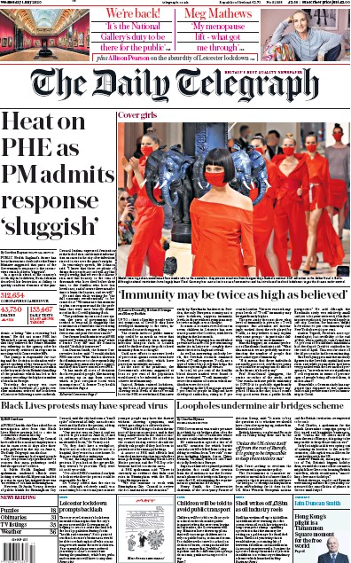 The Daily Telegraph Newspaper Front Page (UK) for 1 July 2020