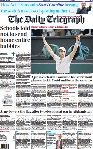 The Daily Telegraph Newspaper Front Page (UK) for 1 July 2021