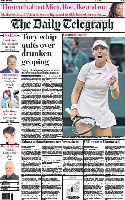 The Daily Telegraph Newspaper Front Page (UK) for 1 July 2022
