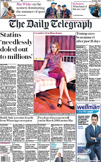 The Daily Telegraph Newspaper Front Page (UK) for 1 August 2017
