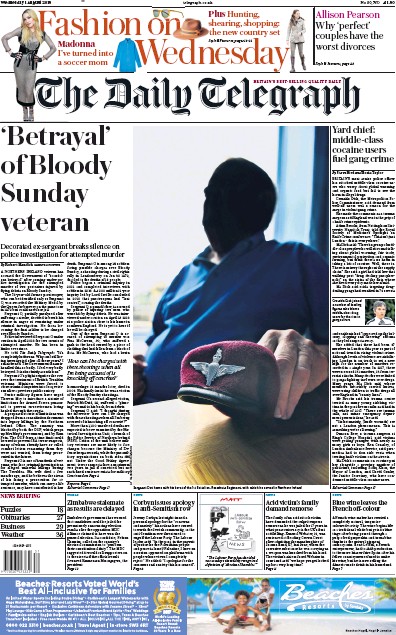 The Daily Telegraph Newspaper Front Page (UK) for 1 August 2018