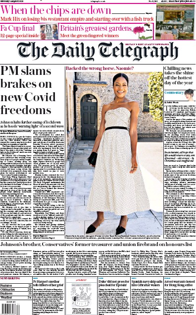 The Daily Telegraph Newspaper Front Page (UK) for 1 August 2020