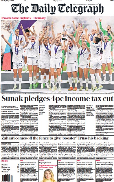 The Daily Telegraph Newspaper Front Page (UK) for 1 August 2022