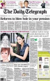The Daily Telegraph (UK) Newspaper Front Page for 1 September 2011