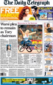 The Daily Telegraph Newspaper Front Page (UK) for 1 September 2012