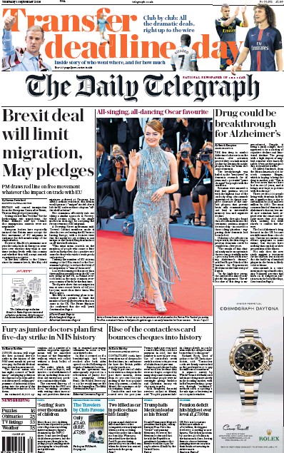 The Daily Telegraph Newspaper Front Page (UK) for 1 September 2016