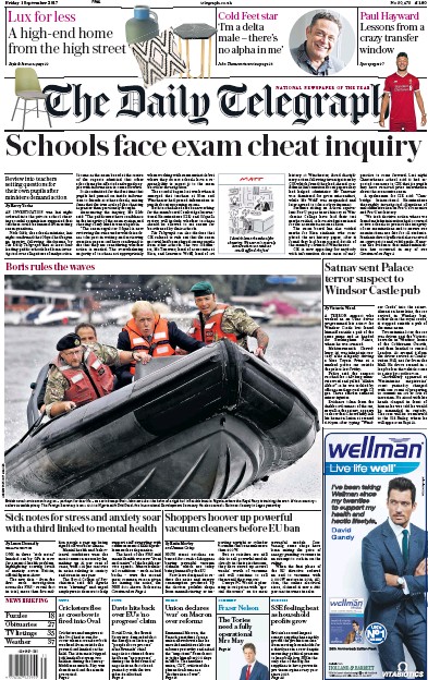 The Daily Telegraph Newspaper Front Page (UK) for 1 September 2017