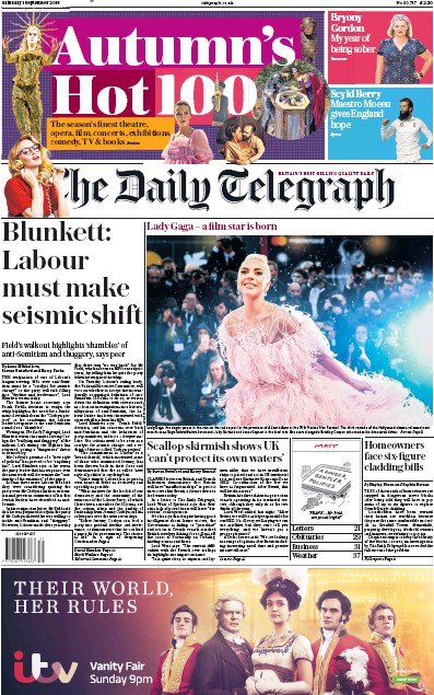 The Daily Telegraph Newspaper Front Page (UK) for 1 September 2018