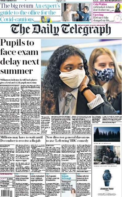 The Daily Telegraph Newspaper Front Page (UK) for 1 September 2020
