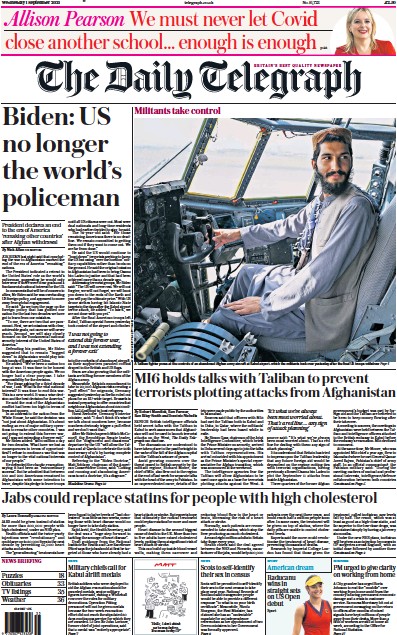 The Daily Telegraph Newspaper Front Page (UK) for 1 September 2021