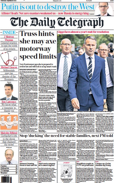 The Daily Telegraph Newspaper Front Page (UK) for 1 September 2022