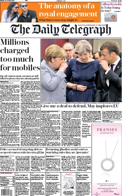 The Daily Telegraph Newspaper Front Page (UK) for 20 October 2017