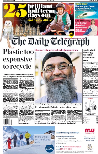 The Daily Telegraph Newspaper Front Page (UK) for 20 October 2018