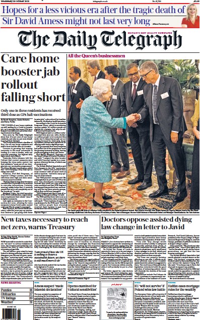 The Daily Telegraph Newspaper Front Page (UK) for 20 October 2021