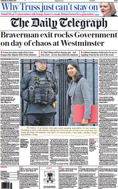 The Daily Telegraph Newspaper Front Page (UK) for 20 October 2022