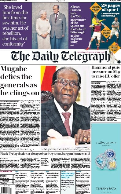 The Daily Telegraph Newspaper Front Page (UK) for 20 November 2017