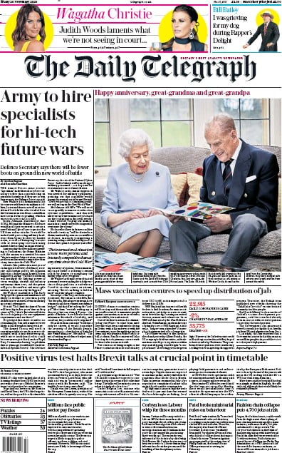 The Daily Telegraph Newspaper Front Page (UK) for 20 November 2020