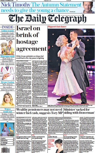The Daily Telegraph Newspaper Front Page (UK) for 20 November 2023