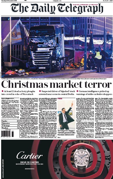 The Daily Telegraph Newspaper Front Page (UK) for 20 December 2016