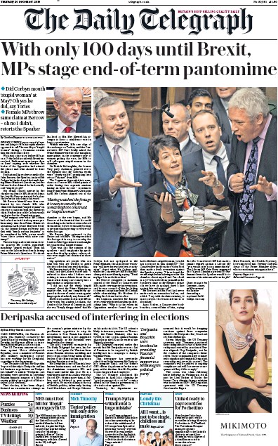 The Daily Telegraph Newspaper Front Page (UK) for 20 December 2018
