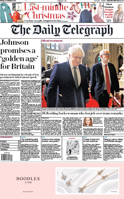 The Daily Telegraph Newspaper Front Page (UK) for 20 December 2019