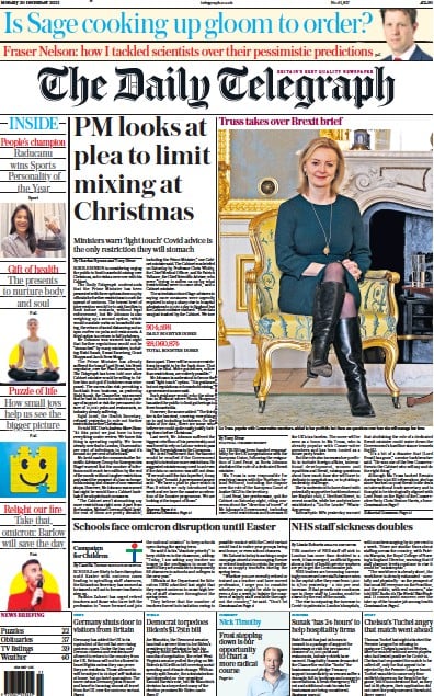 The Daily Telegraph Newspaper Front Page (UK) for 20 December 2021