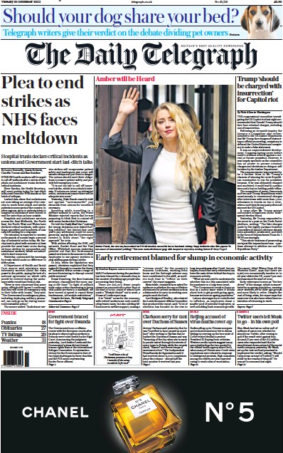 The Daily Telegraph Newspaper Front Page (UK) for 20 December 2022