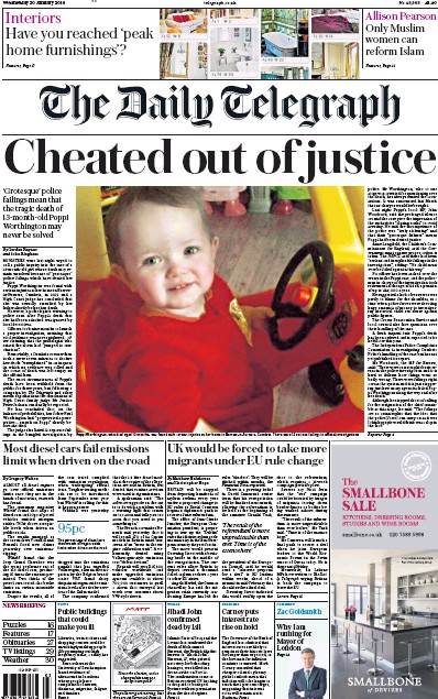 The Daily Telegraph Newspaper Front Page (UK) for 20 January 2016