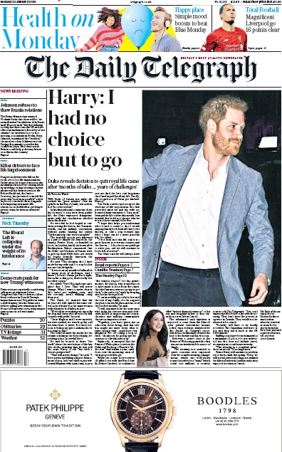 The Daily Telegraph Newspaper Front Page (UK) for 20 January 2020