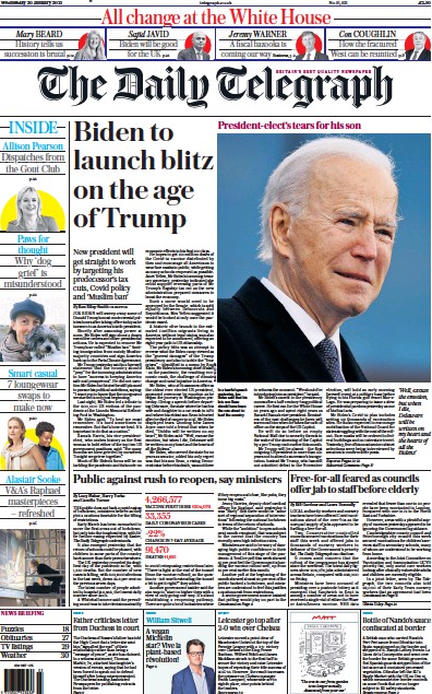 The Daily Telegraph Newspaper Front Page (UK) for 20 January 2021