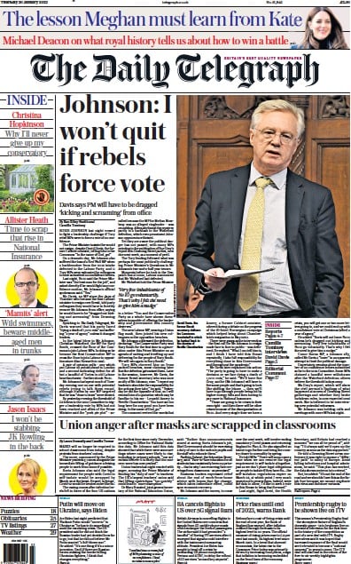 The Daily Telegraph Newspaper Front Page (UK) for 20 January 2022